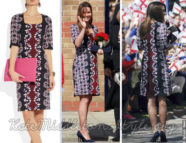 kate wears blue and red erdem floral dress