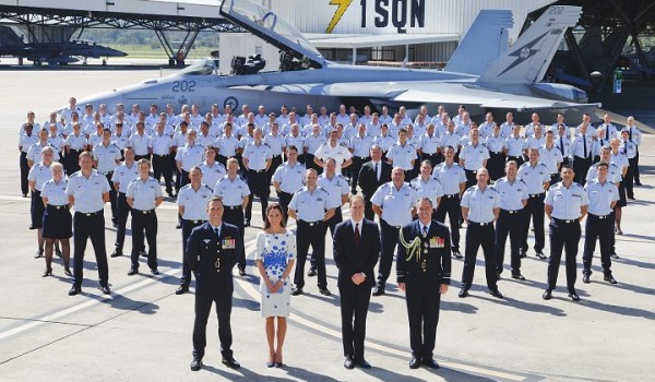 Their Royal Highnesses, the Duke and Duchess of Cambridge, Chief of Air Force, Air Marshal Geoff Brown, AO and Commanding Officer No.1 Squadron Wing Commander Stephen Chappell (left) form the front row for a commemorative Squadron photograph.