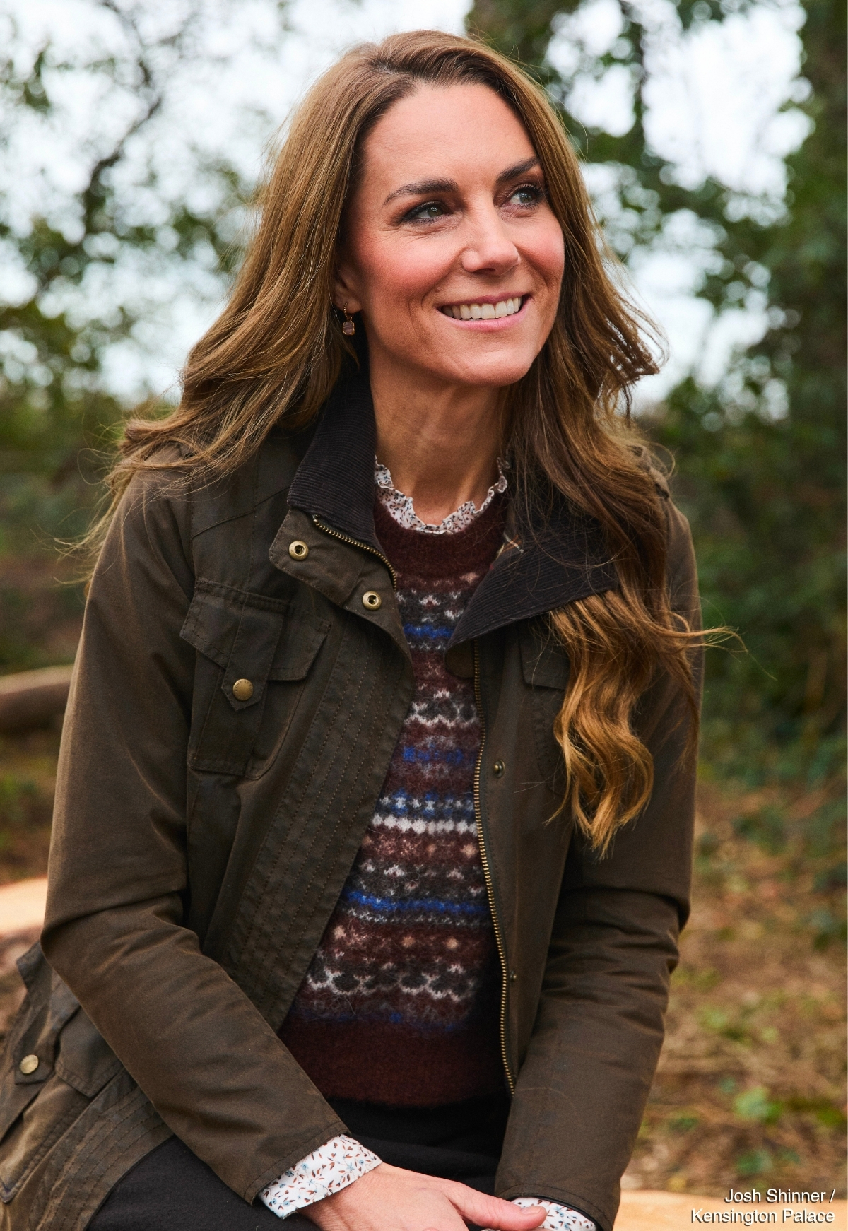 Kate Middleton wearing a brown ME+EM Fair Isle jumper and olive Barbour jacket in Cornwall