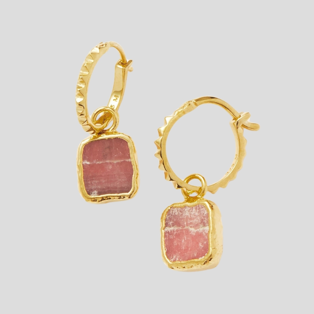 Missoma gold Mini Pyramid Charm Hoop Earrings with pink rhodochrosite stones