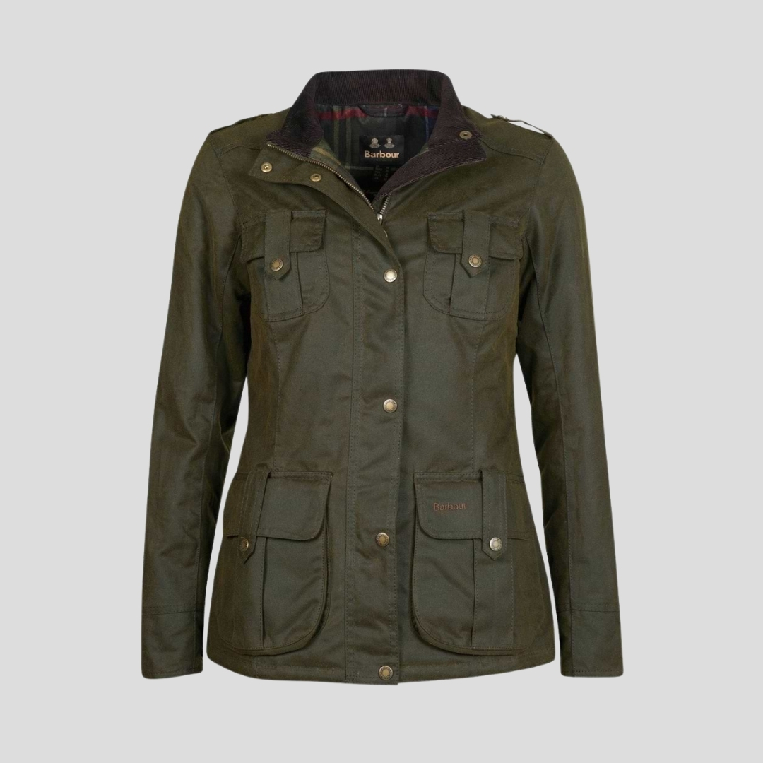 Olive Barbour Winter Defence waxed jacket with military-inspired pockets