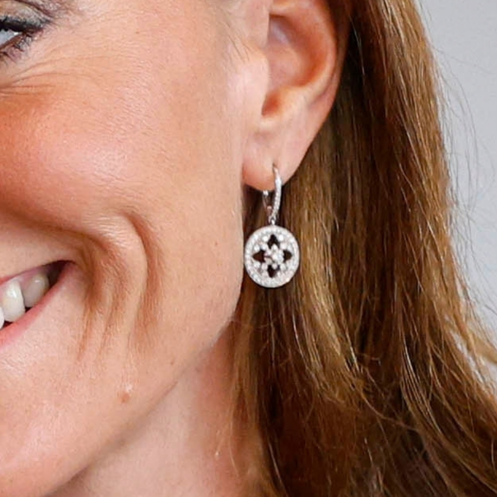 Close-up of Kate Middleton wearing her Mappin & Webb Empress diamond drop earring in Yorkshire