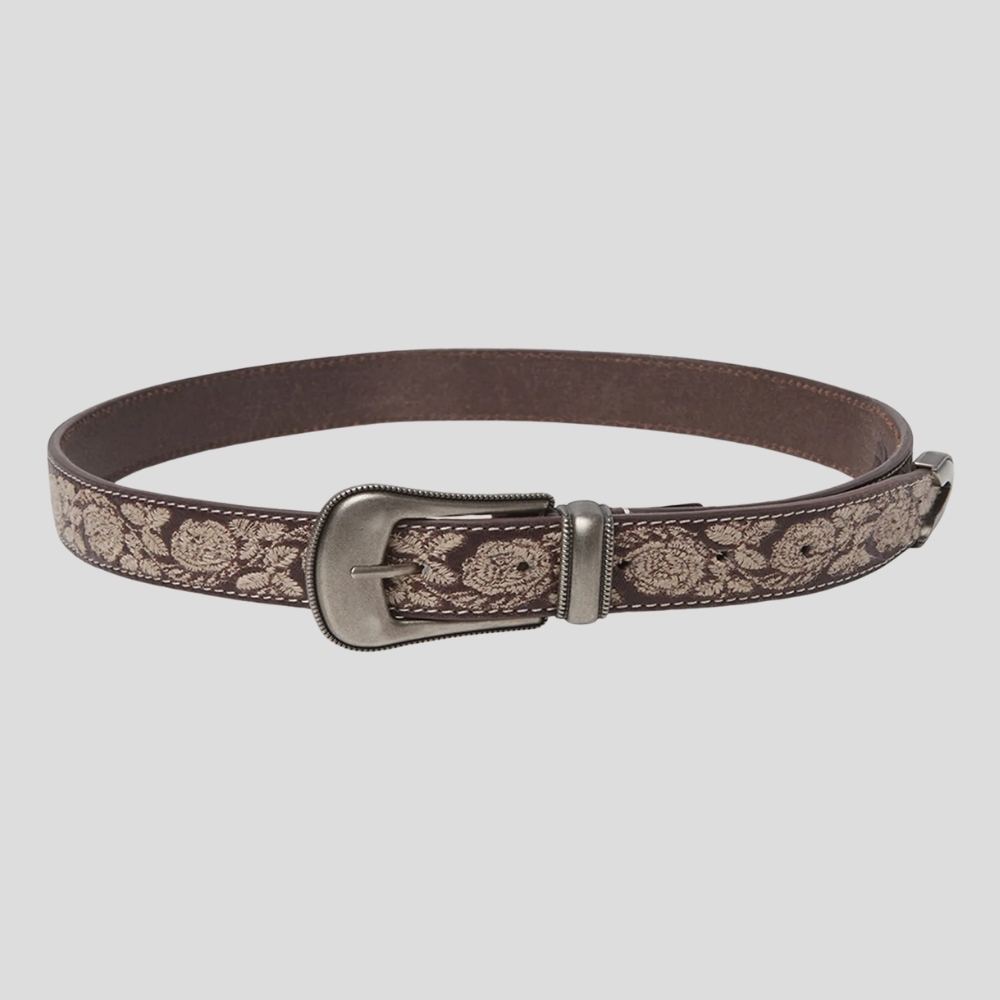Maison Hôtel Guadalupe Belt with floral jacquard, brown leather and a silver buckle