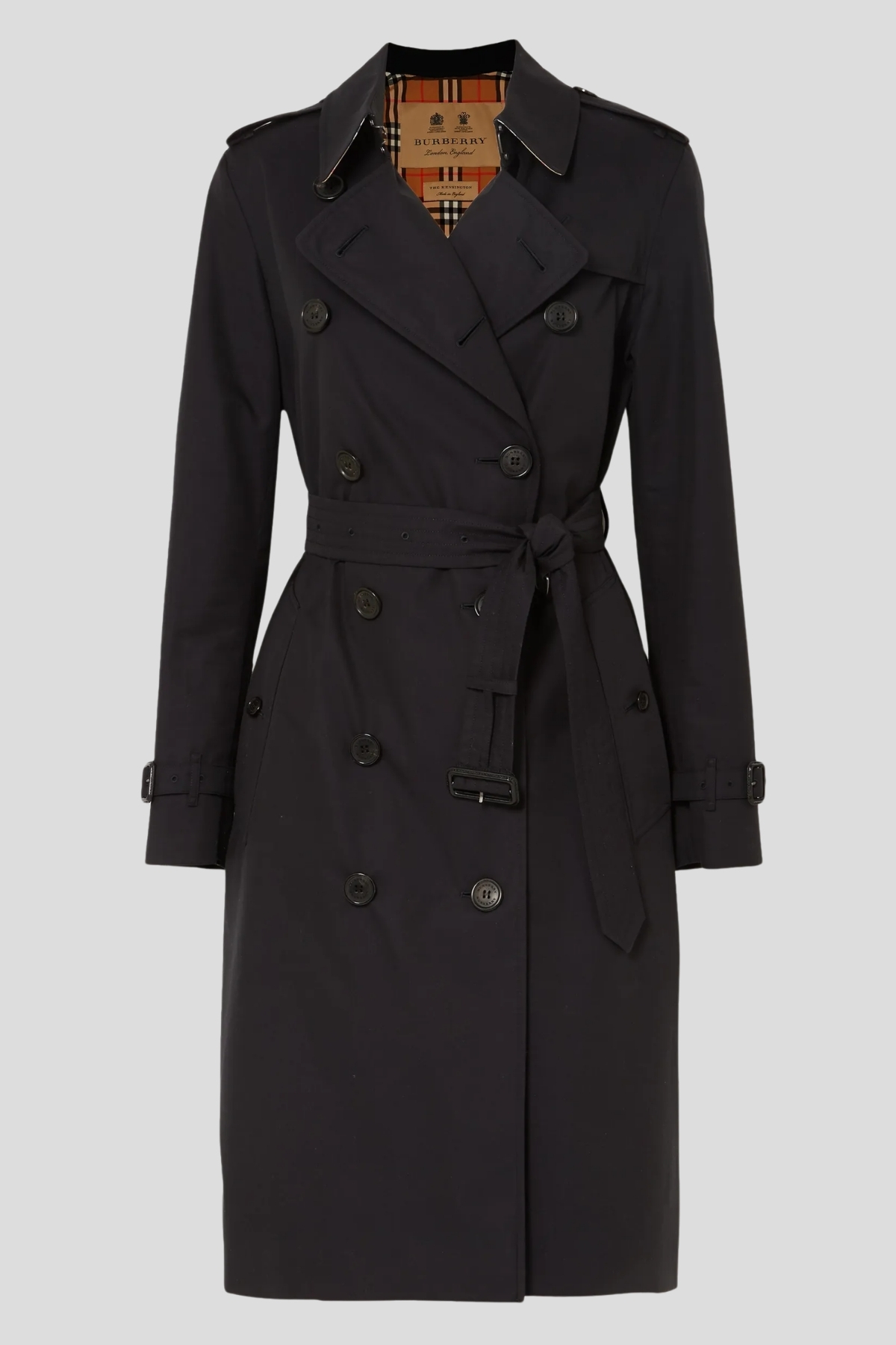 Similar dark-brown Burberry trench coat with checked lining