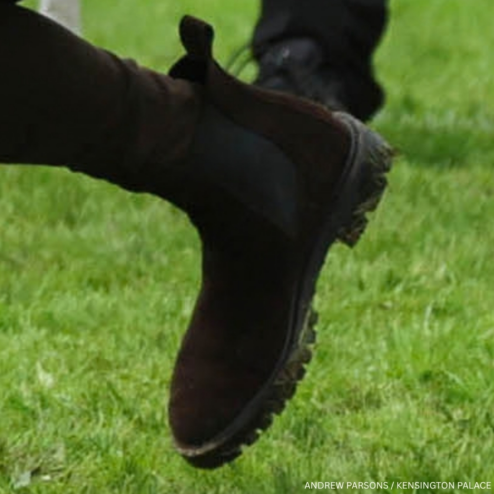 Close-up of Kate Middleton wearing unidentified brown suede Chelsea boots on the Isle of Bute