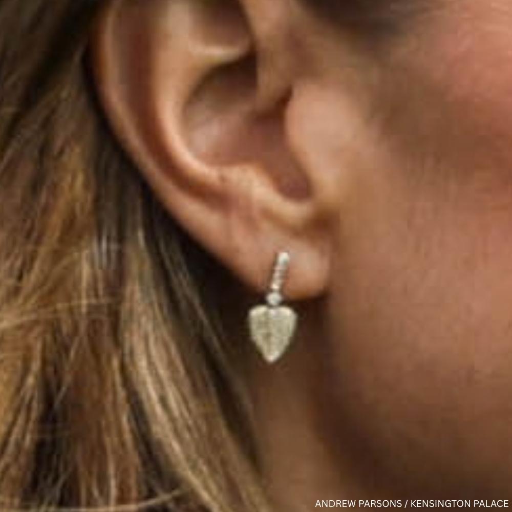 Close-up of Kate Middleton wearing her Kiki McDonough Lauren Leaf earrings