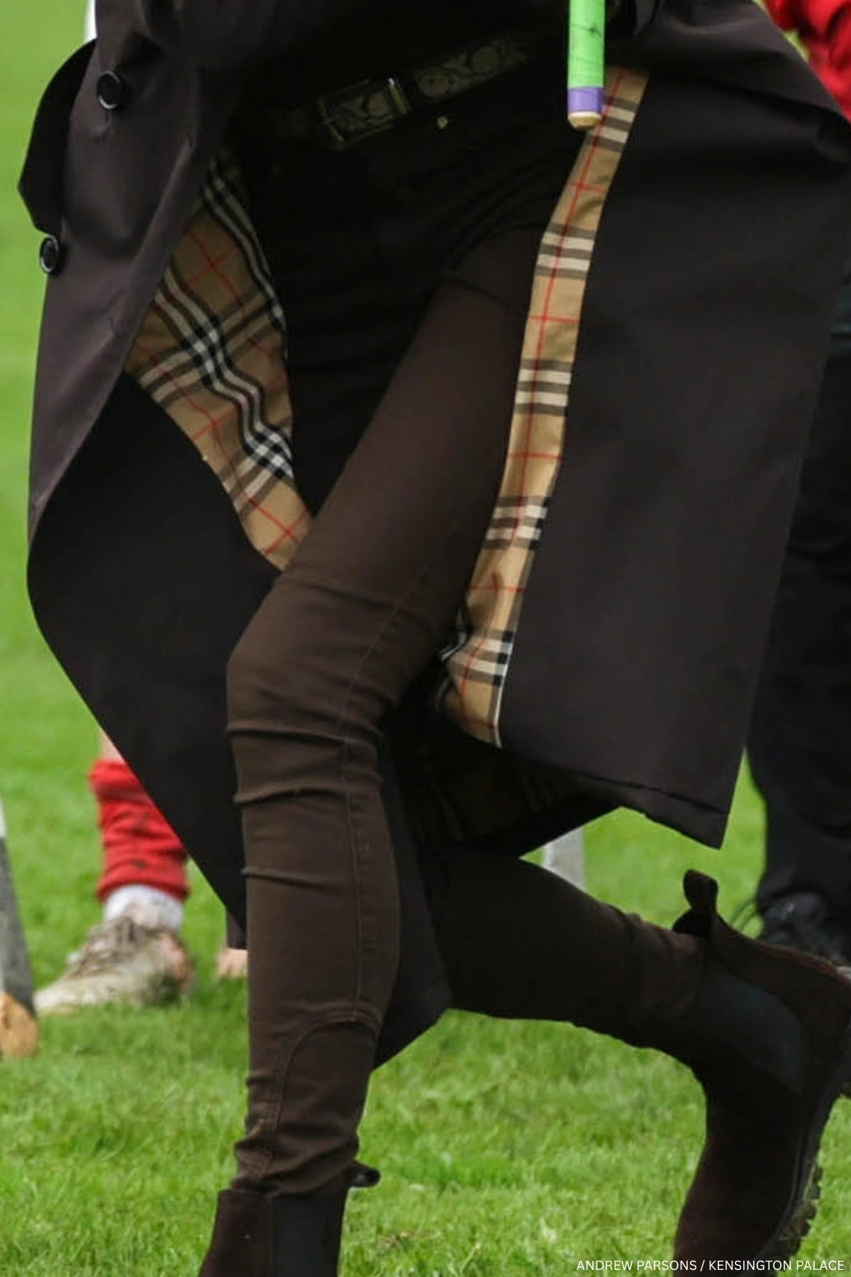 Close-up of Kate Middleton wearing chocolate-brown Holland Cooper Jodhpur Jeans while playing shinty