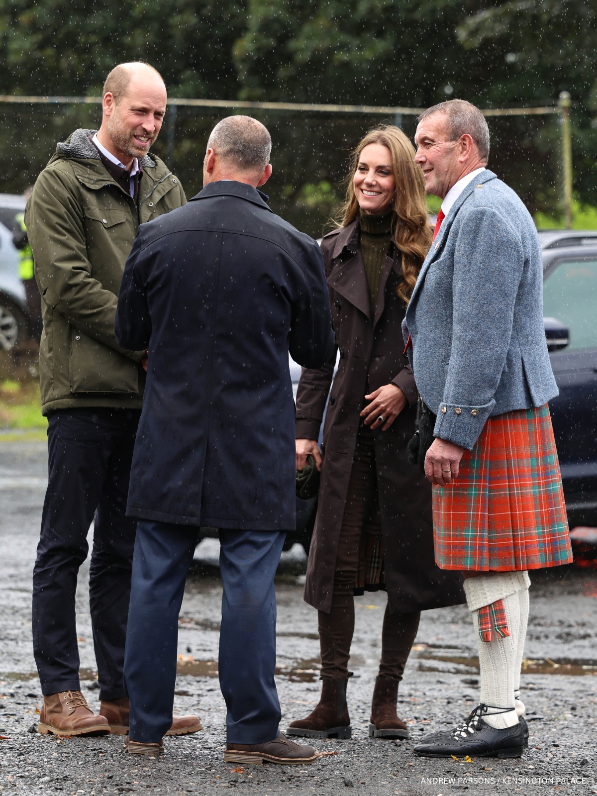 Kate Middleton dressed in brown and green arriving at the Shinty Club