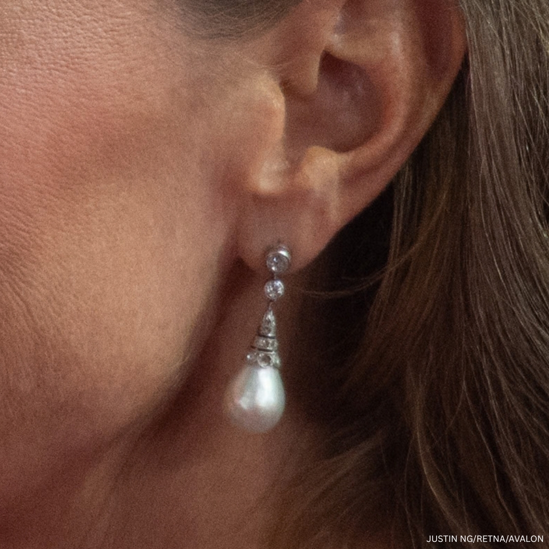 Close-up of Kate Middleton wearing Princess Diana’s Collingwood pearl-drop earrings