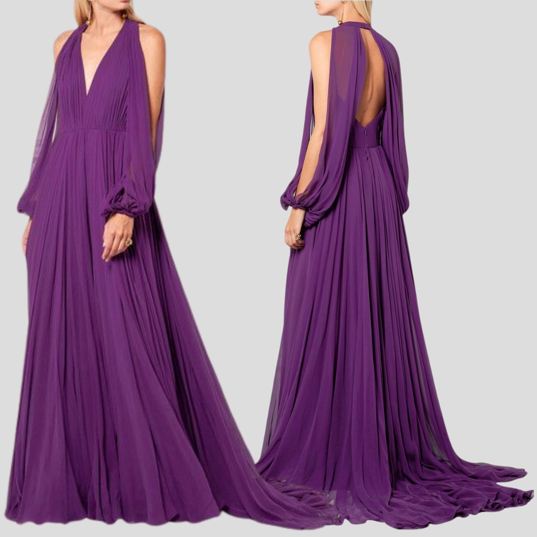 Jenny Packham autumn/winter 2016 purple chiffon gown shown from the front and back