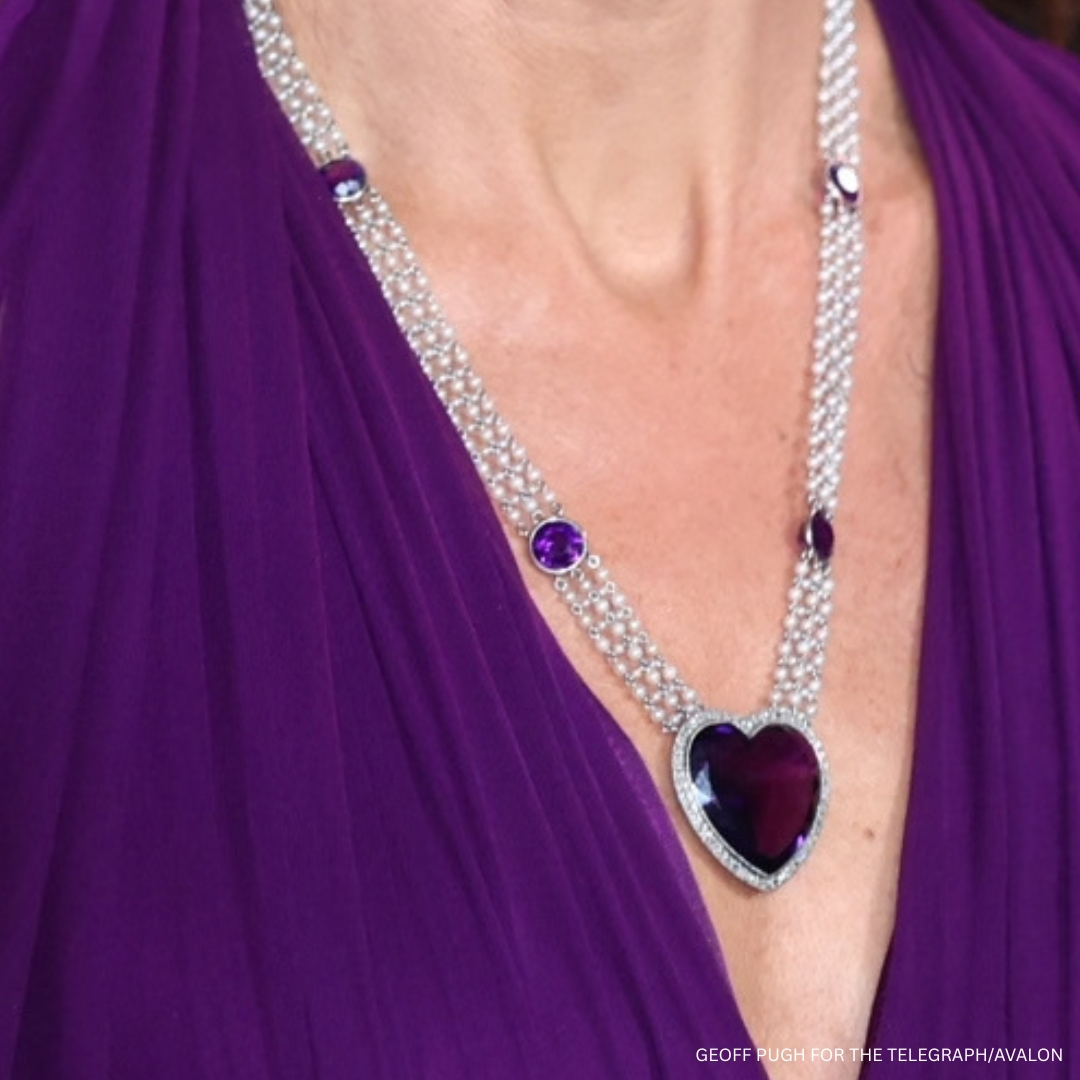 Kate Middleton wearing the Queen Mother’s pearl and amethyst sautoir necklace with a heart-shaped pendant