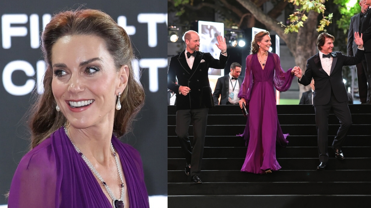 Kate Middleton wearing a purple Jenny Packham gown and royal jewels at the Digger film premiere in London
