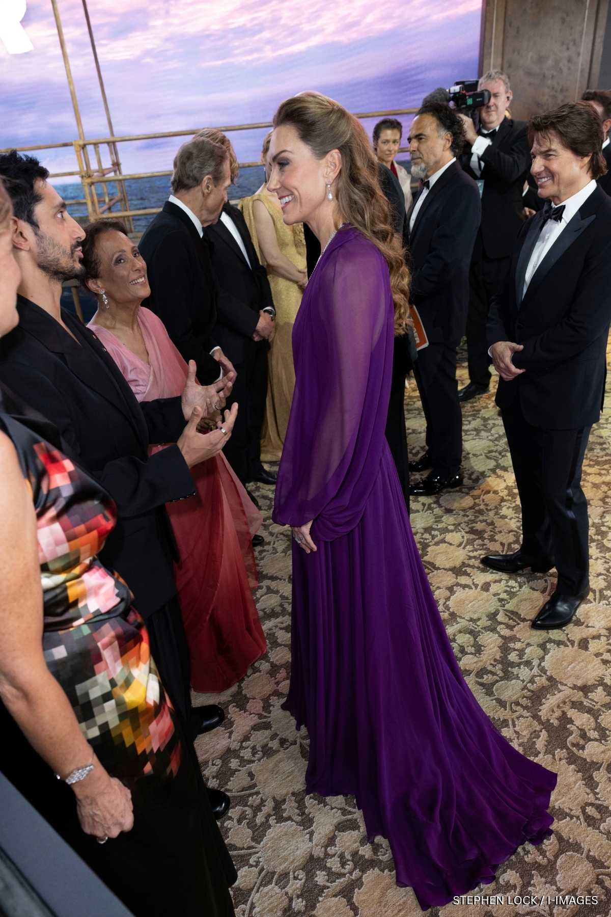Kate Middleton wearing a purple Jenny Packham gown at the Digger premiere