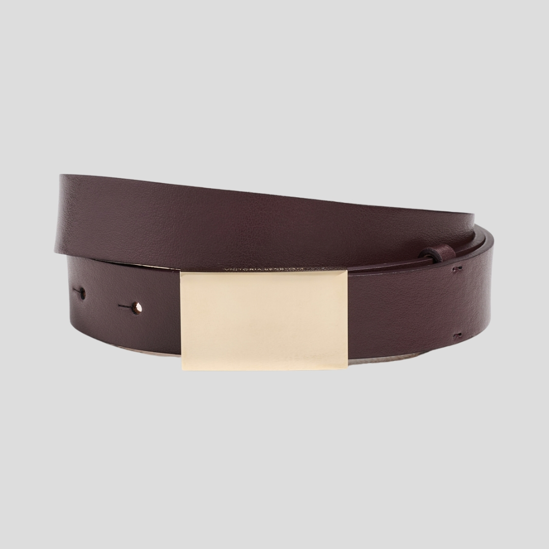 Victoria Beckham burgundy Portofino Mirror belt with a rectangular gold-tone buckle
