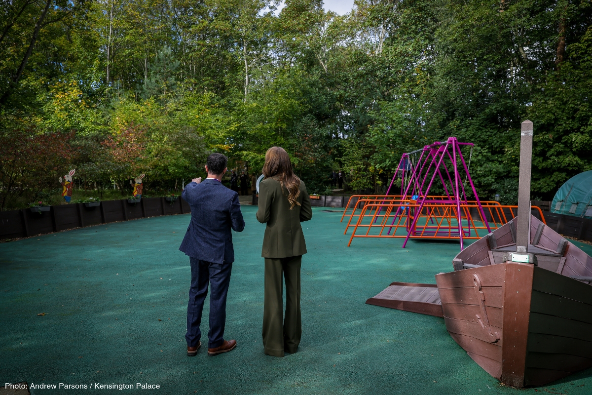 Kate Middleton and a member of staff looking across the outdoor play area at The Treehouse