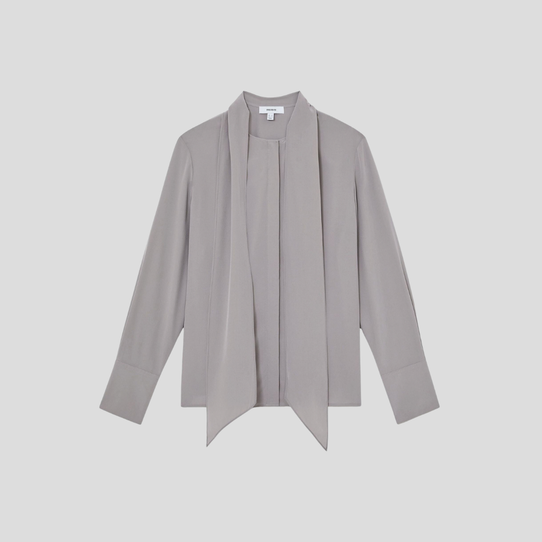 Reiss Kathlyn grey silk tie-neck blouse with long sleeves