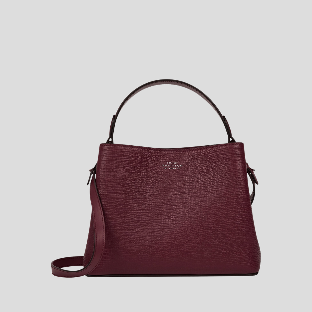 Smythson Day Crossbody Bag in Dark Cherry with top handle and detachable strap