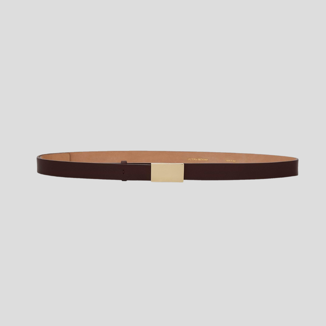 Victoria Beckham slim burgundy leather belt with a gold rectangular buckle