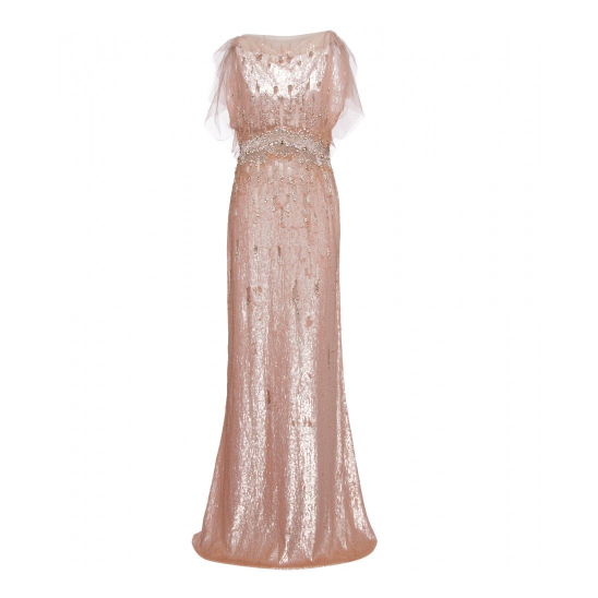 Product shot of the pink jenny Packham gown isolated on a white background.