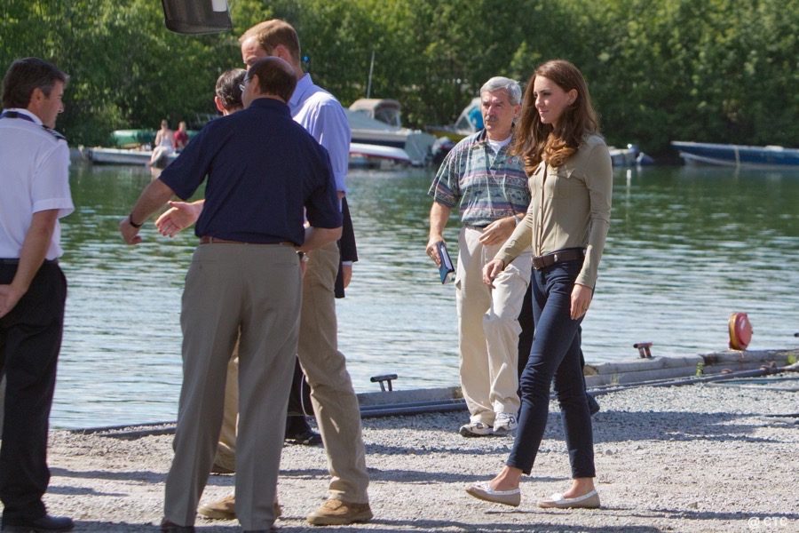 Kate Middleton wearing her Burberry shirt during a waterside visit in Canada.