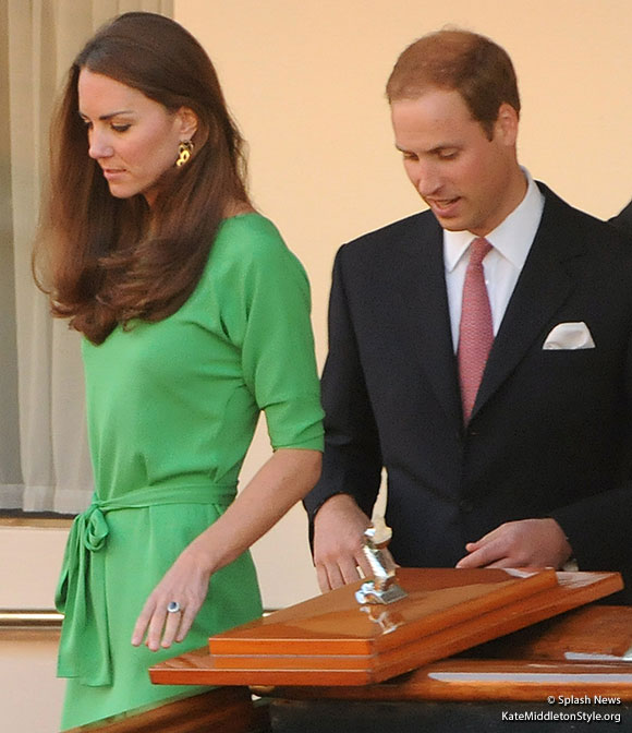 Kate attends a party before Mike & Zara's wedding, wearing her green DVF Maja dress