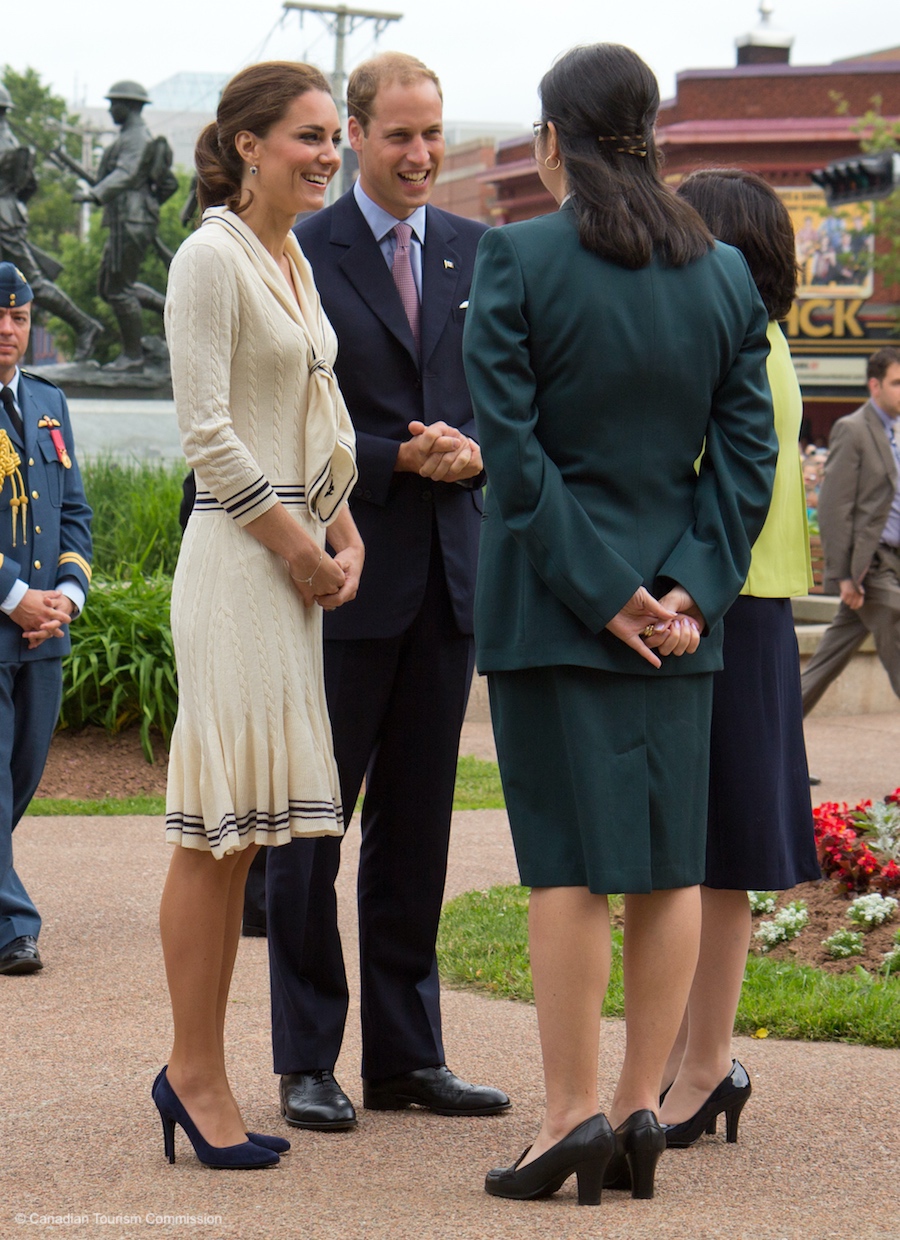 Kate Middleton wearing Sarah Burton for Alexander McQueen's Sailor Dress with blue suede pumps