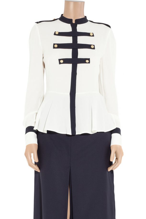 Alexander McQueen Silk-georgette Military Blouse in white and navy blue