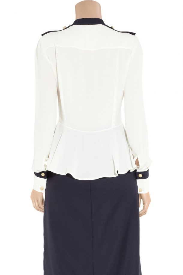 Alexander McQueen Silk-georgette Military Blouse in white and navy blue