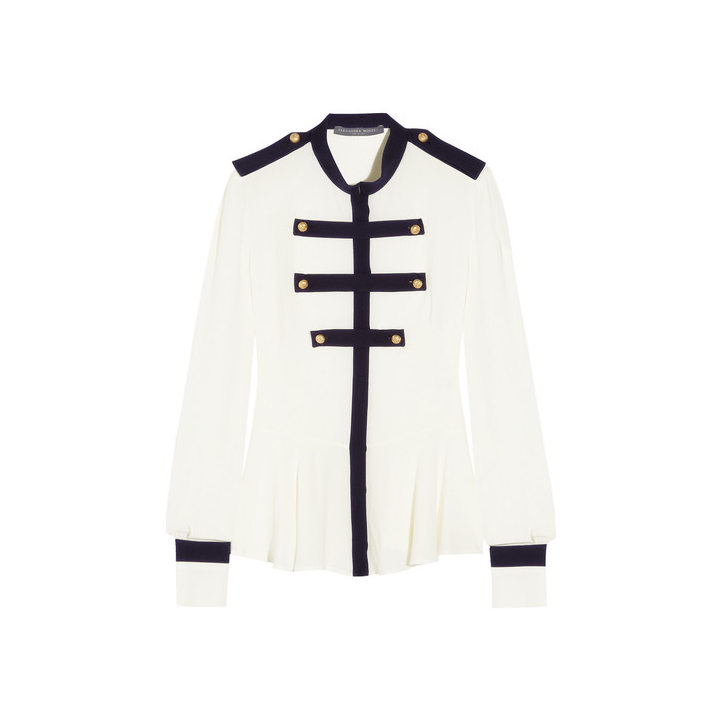 Alexander McQueen Silk-georgette Military Blouse in white and navy blue