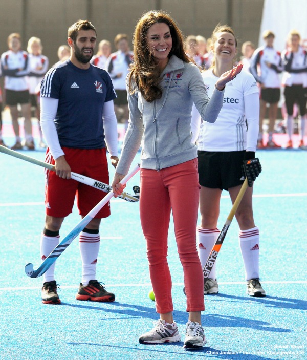 LONDON, ENGLAND - MARCH 15: Catherine, Duchess of Cambridge plays hockey with the GB hockey teams at the Riverside Arena in the Olympic Park on March 15, 2012 in London, England. The Duchess of Cambridge viewed the Olympic park as well as meeting members of the men's and women's GB Hockey teams. (Photo by Chris Jackson - Supplied by Ian Jones Photography Ltd)