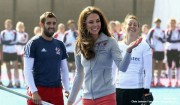 LONDON, ENGLAND - MARCH 15: Catherine, Duchess of Cambridge plays hockey with the GB hockey teams at the Riverside Arena in the Olympic Park on March 15, 2012 in London, England. The Duchess of Cambridge viewed the Olympic park as well as meeting members of the men's and women's GB Hockey teams. (Photo by Chris Jackson - Supplied by Ian Jones Photography Ltd)