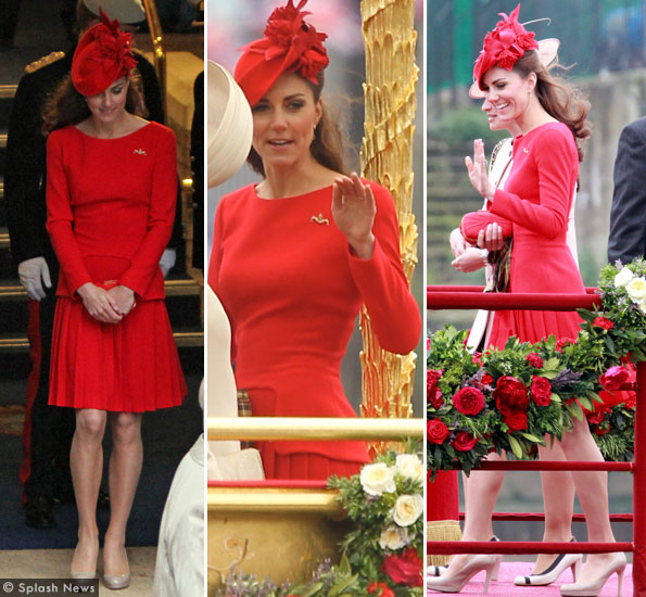 kate in red McQueen dress for the Jubilee river pageant