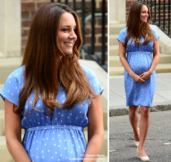 Kate wore a cornflower blue dress to leave the hospital. It was by Jenny Packham