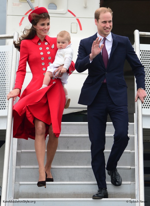 Kate stepped off the plane in New Zealand with William and baby George wearing a stunning red coat by Catherine Walker