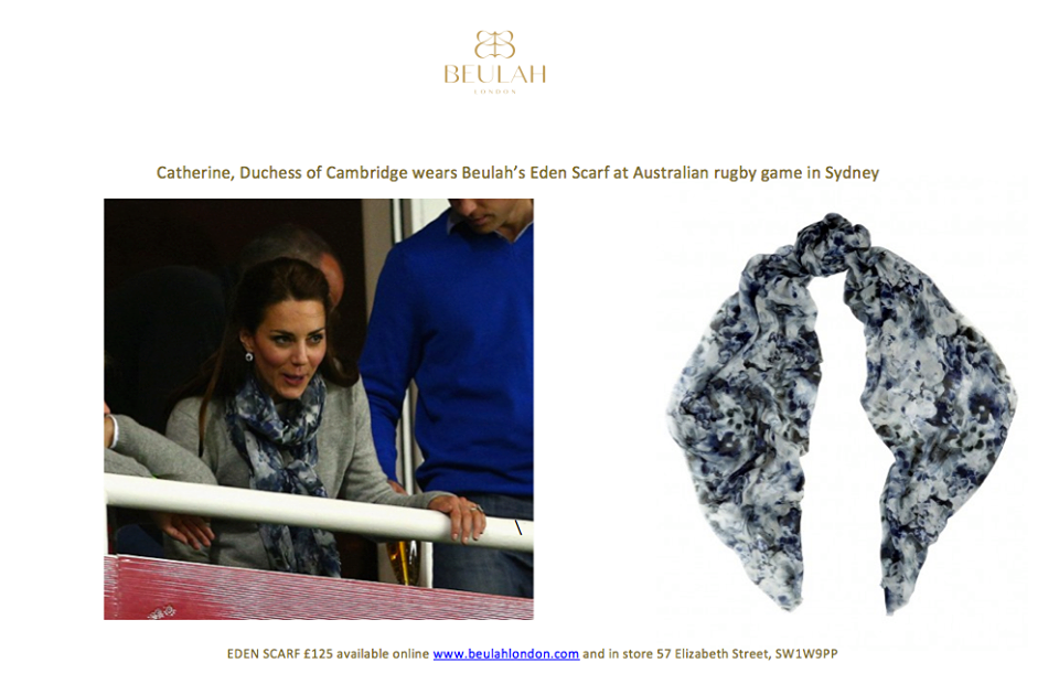 Catherine, Duchess of Cambridge wears Beulah's Eden scarf to an Australian Rugby Match in Sydney #royaltour #australia #duchessofcambridge http://www.beulahlondon.com/eden-scarf.html