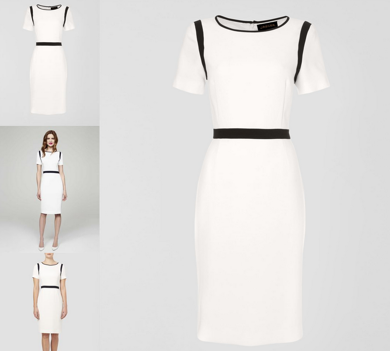Kate wore Jaeger's White Crepe Dress with Navy Trims today.