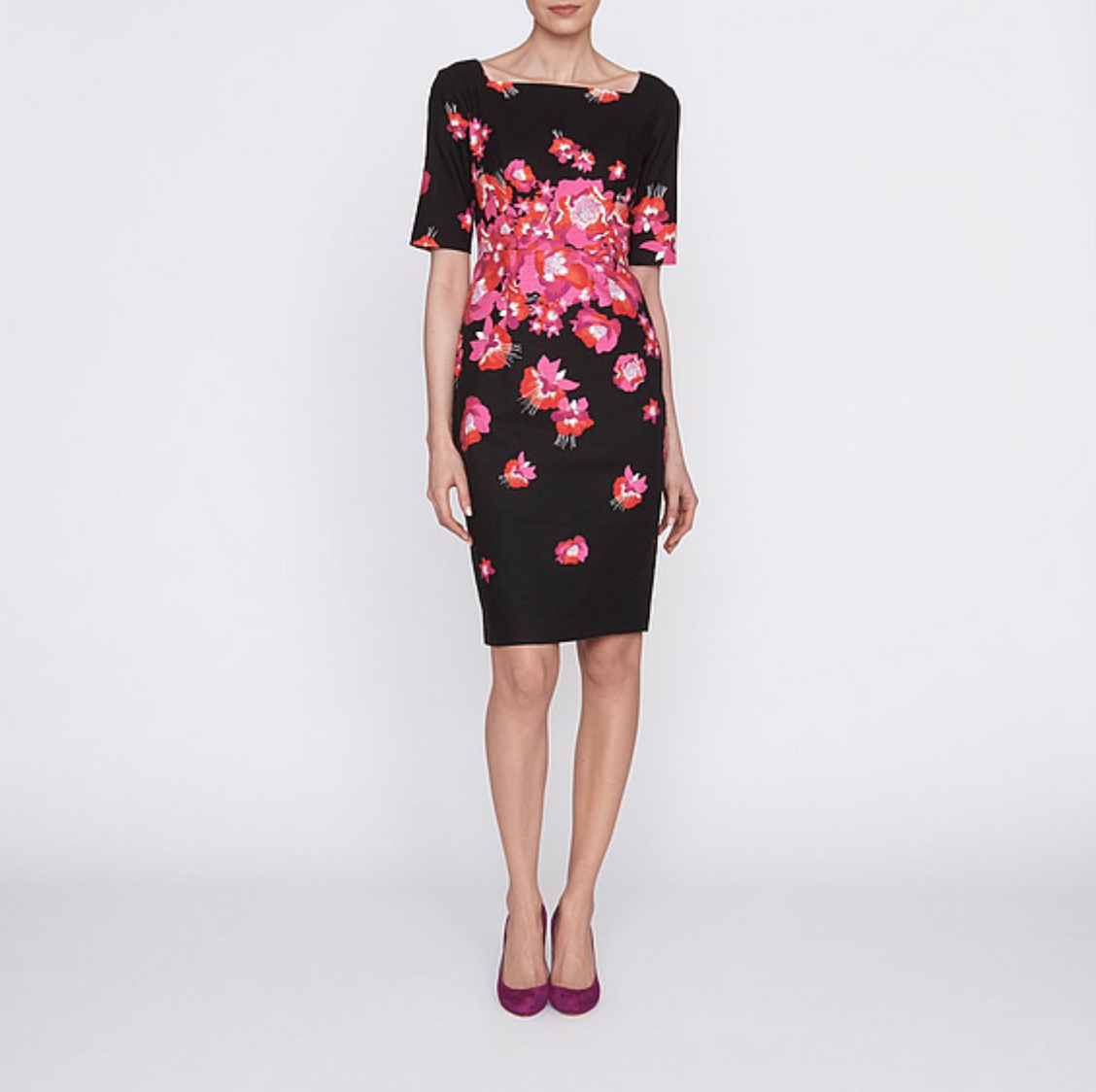 L.K. Bennett Lasana Dress in black with pink, orange and red poppies