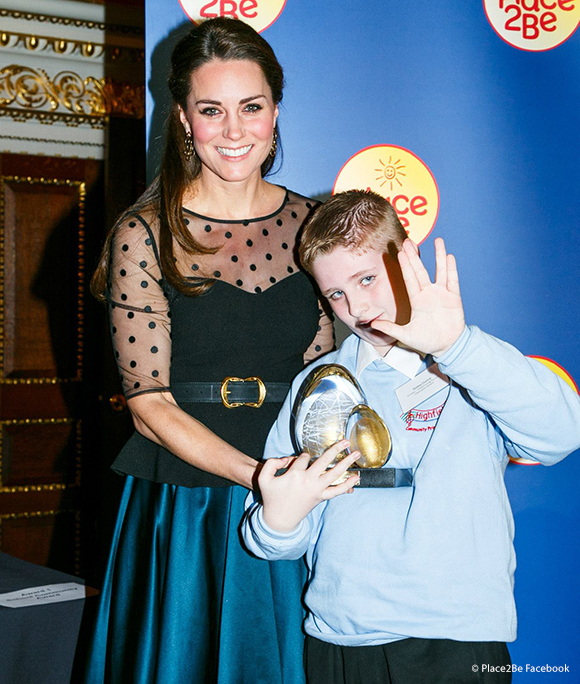 The Duchess of Cambridge with Bailey Dunne (11), winner of the child/young person award. Bailey is doing a sign from Star Trek!