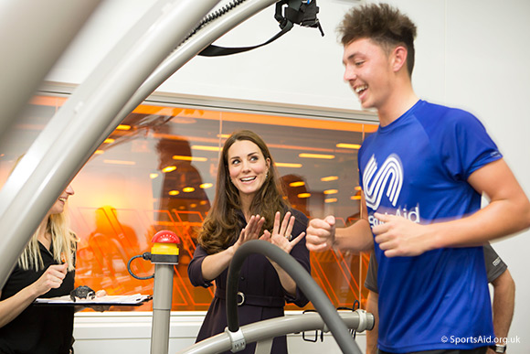 The Duchess of Cambridge, Patron of SportsAid, meets golfer Marco Penge at GSK's Human Performance Lab. Credit Nathan Gallagher/SportsAid.