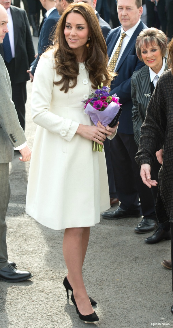 The Duchess of Cambridge wore a JoJo Maman Bebe maternity coat for her visit to Downton Abbey today