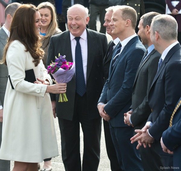 Kate visits the set of Downton Abbey, here she's speaking with Lord Julian Fellowes