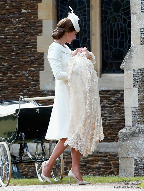 ***MANDATORY BYLINE TO READ INFPhoto.com ONLY***<BR /> Catherine, Duchess of Cambridge, Prince William, Duke of Cambridge, Princess Charlotte of Cambridge, Prince George of Cambridge, at the christening of Princess Charlotte of Cambridge at the church of St Mary Magdalene on the Sandringham Estate in King's Lynn, UK. <P> Pictured: Catherine, Duchess of Cambridge, Princess Charlotte of Cambridge <B>Ref: SPL1071653  050715  </B><BR /> Picture by: INFphoto.com<BR /> </P><P>