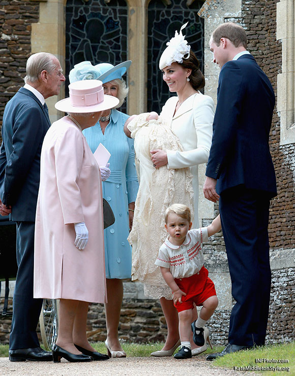 ***MANDATORY BYLINE TO READ INFPhoto.com ONLY***<BR /> Catherine, Duchess of Cambridge, Prince William, Duke of Cambridge, Princess Charlotte of Cambridge, Prince George of Cambridge, at the christening of Princess Charlotte of Cambridge at the church of St Mary Magdalene on the Sandringham Estate in King's Lynn, UK. <P> Pictured: Catherine, Duchess of Cambridge, Prince William, Duke of Cambridge, Princess Charlotte of Cambridge, Prince George of Cambridge, Queen Elizabeth II, Prince Phillip, Duke of Cambridge, Camilla, Duchess of Cornwall <B>Ref: SPL1071653  050715  </B><BR /> Picture by: INFphoto.com<BR /> </P><P>