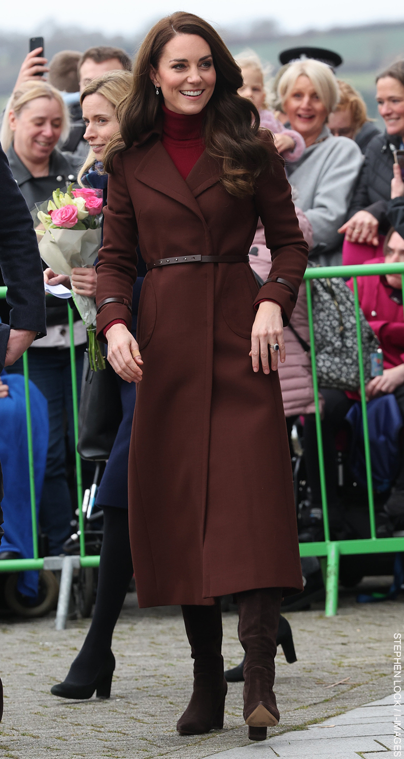 Kate Middleton in Brown Coat & Red Knitwear For Falmouth Visit As She Explores Cornwall’s Maritime History