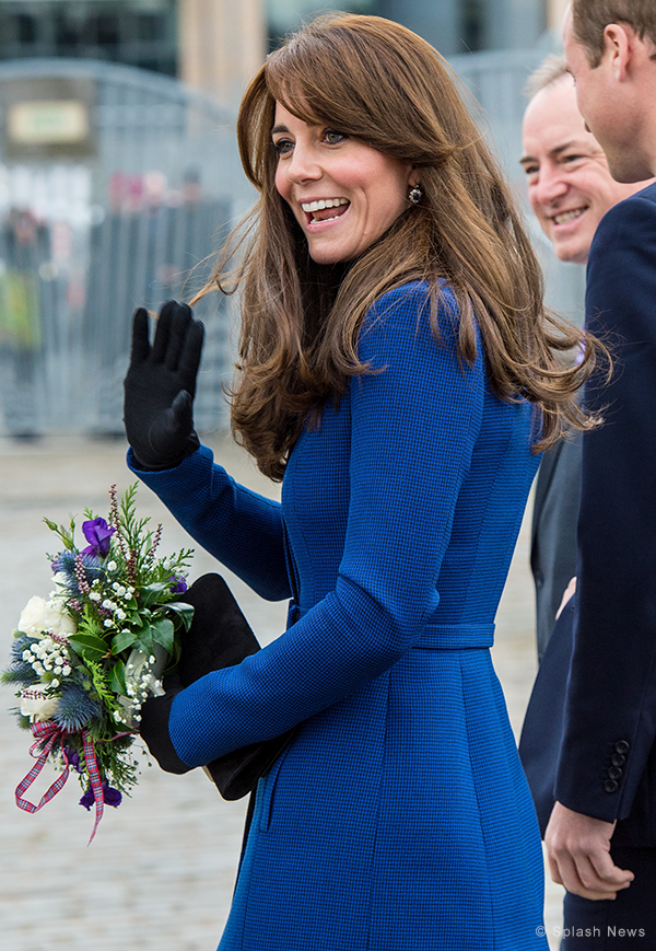 Duchess of Cambridge in Dundee wearing sapphire earrings and gloves