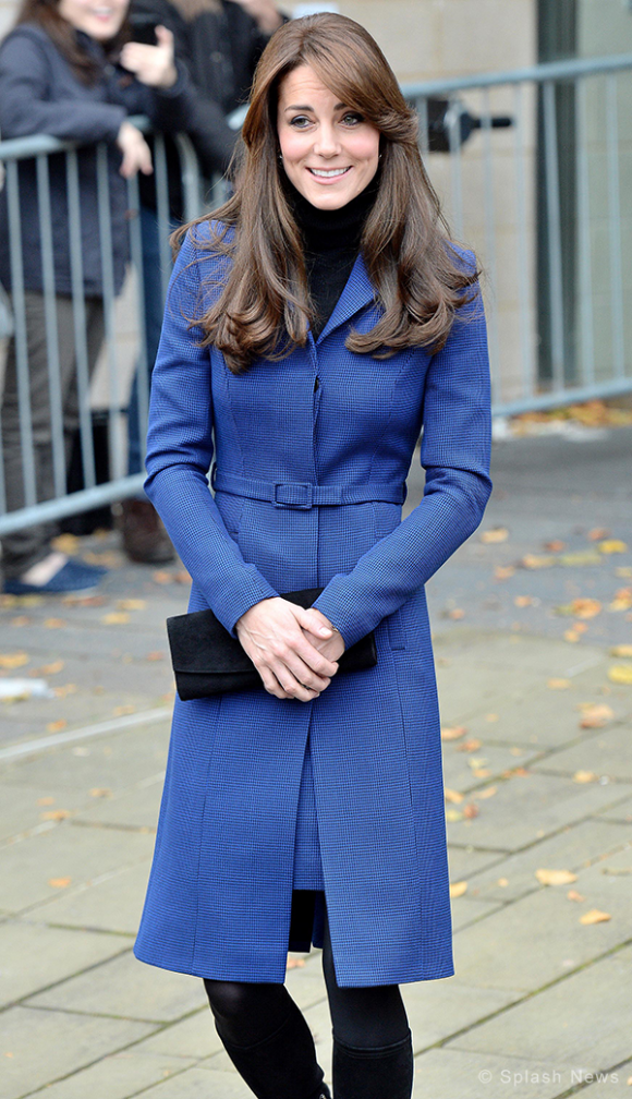 Duchess of Cambridge wears a bright blue coat by Christopher Kane