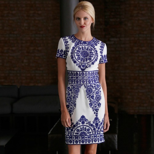 Naeem Khan white \u0026 blue embroidered dress