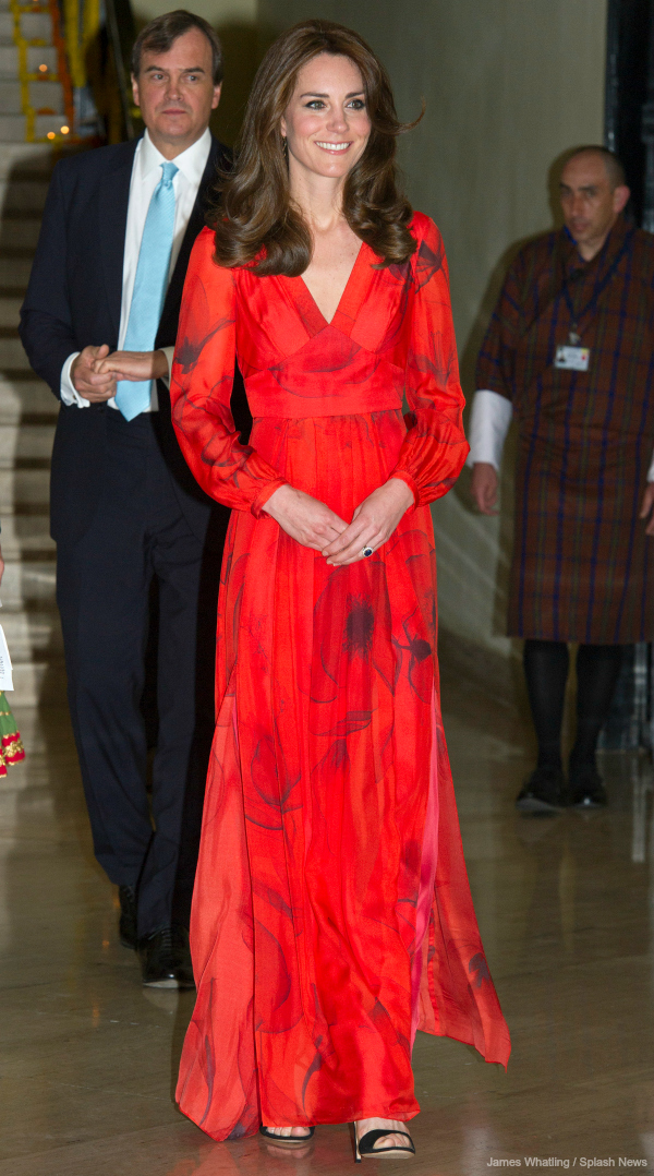 Kate Middleton in poppy red dress for reception in Thimphu, Bhutan