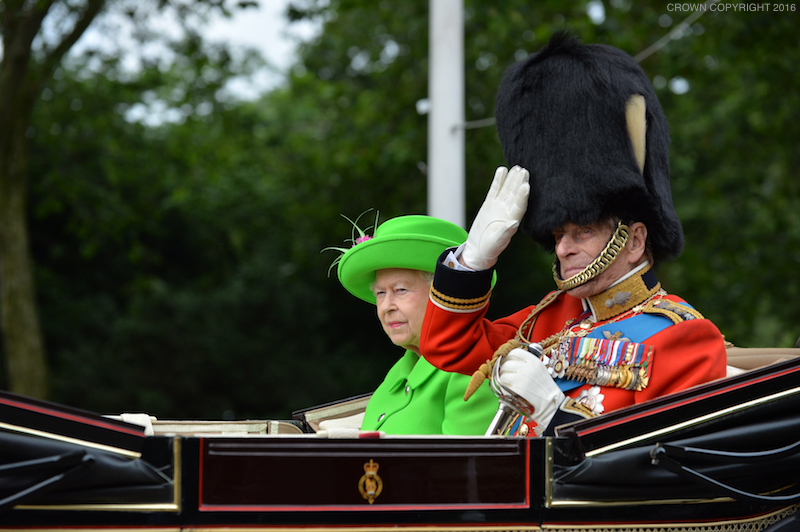 The queen in bright green at the Trooping the Colour parade