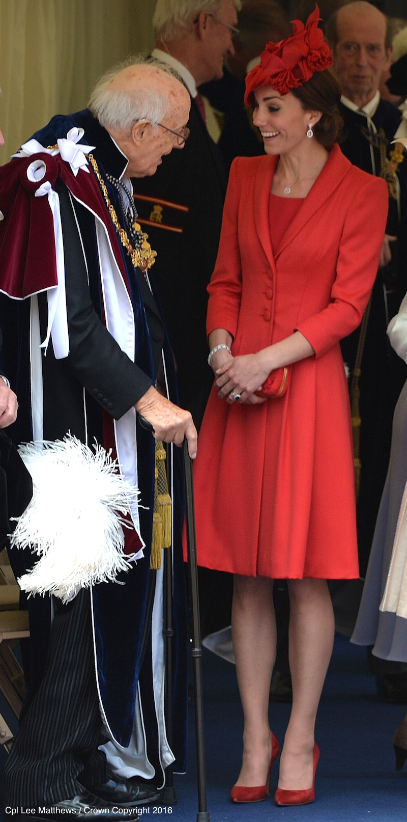 Kate Middleton at Order of the Garter 2016 wearing red Catherine Walker  coat dress